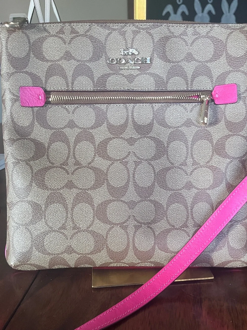 Coach Rowan File Bag Signature Khaki Bold Pink Crossbody C1554